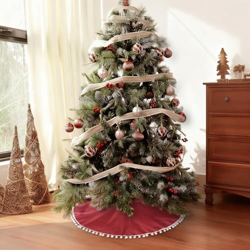 Syhood 30 Inch Christmas Tree Skirt Fall Linen Burlap Tree Skirt, Dark Red