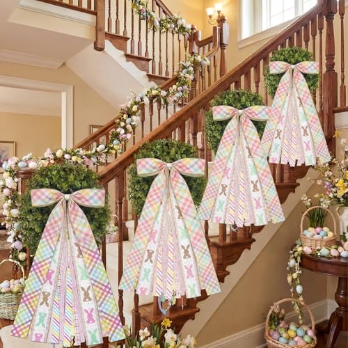 Suncalla 2 Pcs Easter Colorful Rabbits Ribbon Bow for Wreath Front Door