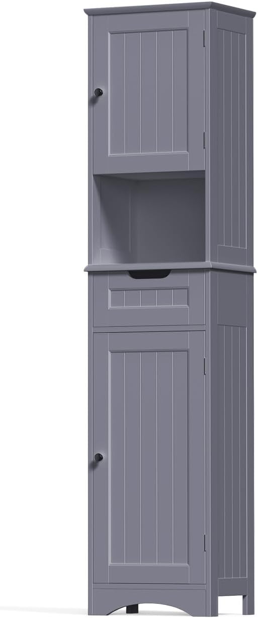 Gizoon 67" H Tall Bathroom Cabinet, Storage Cabinet with 2 Doors & Drawer, Narrow Linen Tower Freestanding Adjustable Shelves for Home, Kitchen, Versatile, Anti-Tipping, Grey