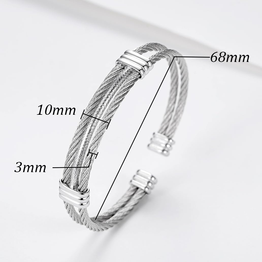 LXBQYSTO Cable Wire Twisted Cuff Bangle Bracelet For Women 14K Gold/rose/silver Stainless Steel Jewelry for Women Gift (Cuff-Silver)