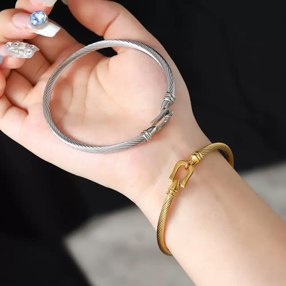LXBQYSTO Cable Wire Twisted Cuff Bangle Bracelet For Women 14K Gold/rose/silver Stainless Steel Jewelry for Women Gift (Close1-Gold)