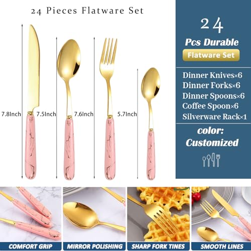 24 Pieces Flatware Set, Stainless Steel Cutlery Set with Silverware Holder, Modern Gold Silverware Set Includes Dinner Knives Forks Spoons,Hanging Silverware Set Service for 6 (Pink Gold) - color: Pink Gold