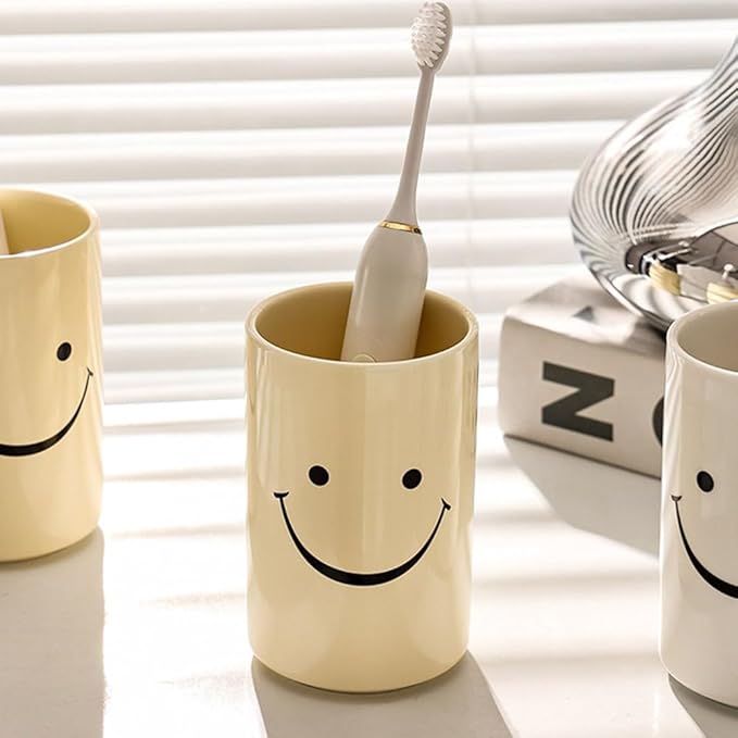 Smiley Face Ceramic Toothbrush Cup - Creative Smile Design, Practical Bathroom Cup, Perfect for Home, Dorm, or Gifts (Yellow)