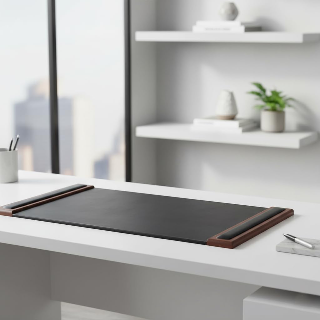 DACASSO Wood & Leather Desk Pad with Side Rails - Luxury Leather Desk Blotter for Writing - Padded Executive Desk Surface Protector - (Walnut & Black, 34” x 20”)