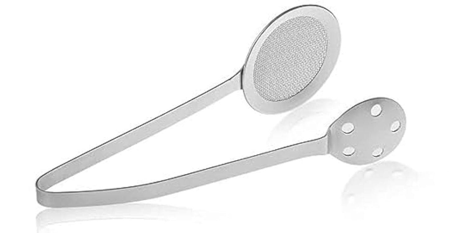 Multi-Functional 2 in 1 Fry Tool Filter Spoon Snack Strainer with Clip, Oil Frying BBQ Filter Kitchen Tool Stainless Steel Mesh Colander Serving Tong Pakkad Pack of 1