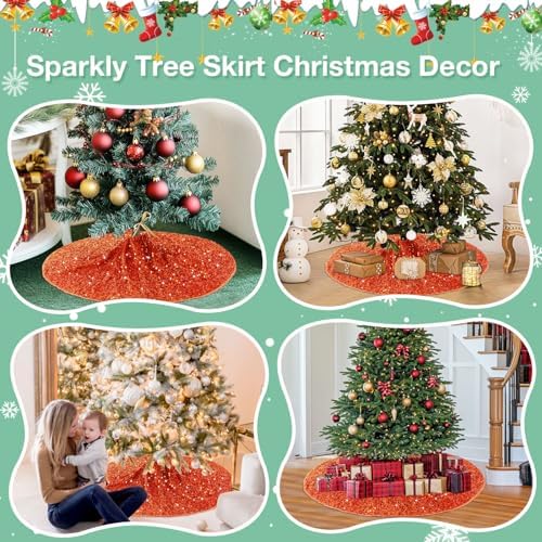 Orange Christmas Tree Skirt 48 Inches Large Sequin Tree Skirts Halloween Party Tree Skirt Christmas Tree Base Mats Burnt Orange Xmas Velvet Skirt for Christmas Tree Fall Thanksgiving Decor