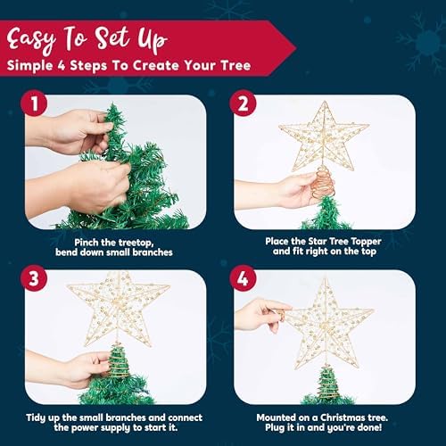 JOIEDOMI 9.5inch Metal Beaded Christmas Star Tree Topper, 20LED Warm White Lights Golden Tree Topper, USB Powered Remote Control for Christmas Tree Decorations Home Holiday Party Indoor Decor