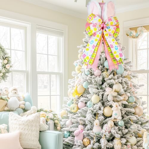 Easter Tree Topper Hat with Bunny Ears, Pink Velvet Top Hat with Wired Bow