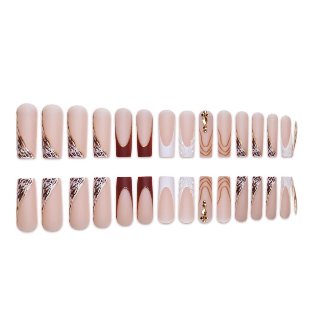 Long Square Press on Nails French Tip Fake Nails Brown Fall False Nails Press ons Gold Line Acrylic Nails Matte Finish Stick on Nails for Women Manicure 24Pcs