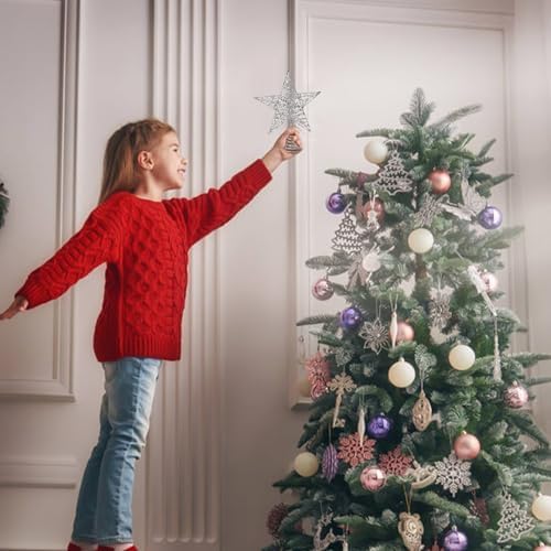 DERAYEE Christmas Star Tree Topper, Xmas Silver Glittered Treetop Metal Hollow Tree Star for Christmas Tree Decorations, Holiday Party Indoor Decor
