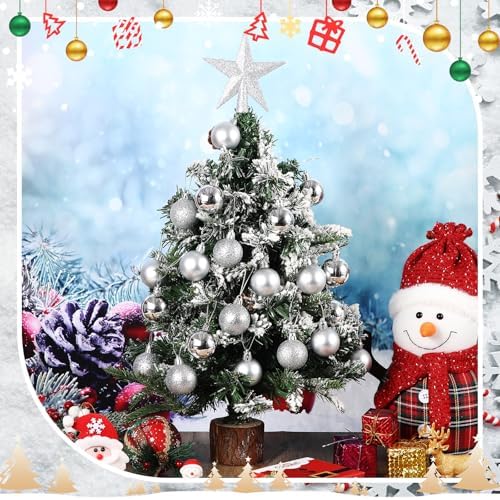 RoundFunny 25 Pcs Mini Christmas Balls Ornaments Set 1.57 Inch Christmas Day Ball Topper Star Tree Hanging Ornaments for Party Decoration(Silver)