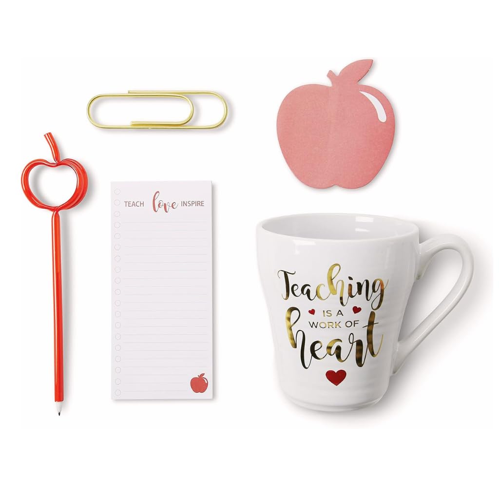 VOTUM Teacher Appreciation Gift for Women or Men - Bundle Includes Mug, Writing Pad, Apple-Shaped Pen and Sticky Notes, Jumbo Gold Paper Clip - Heart Coffee Cup - Teacher Appreciation Week Thank You