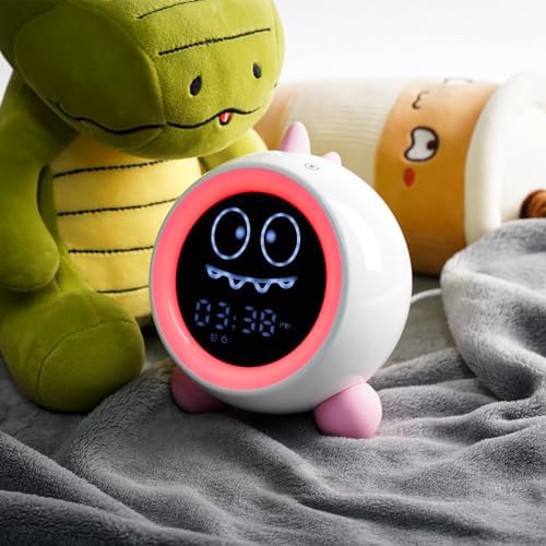 Kids Alarm Clock, Toddler Sleep Training Clock with Night Lights, Sound Machine, Time to Wake Dinosaur Alarm Clock for Children, Gift Ideas for Kids Toddler Boy Girl (Pink)