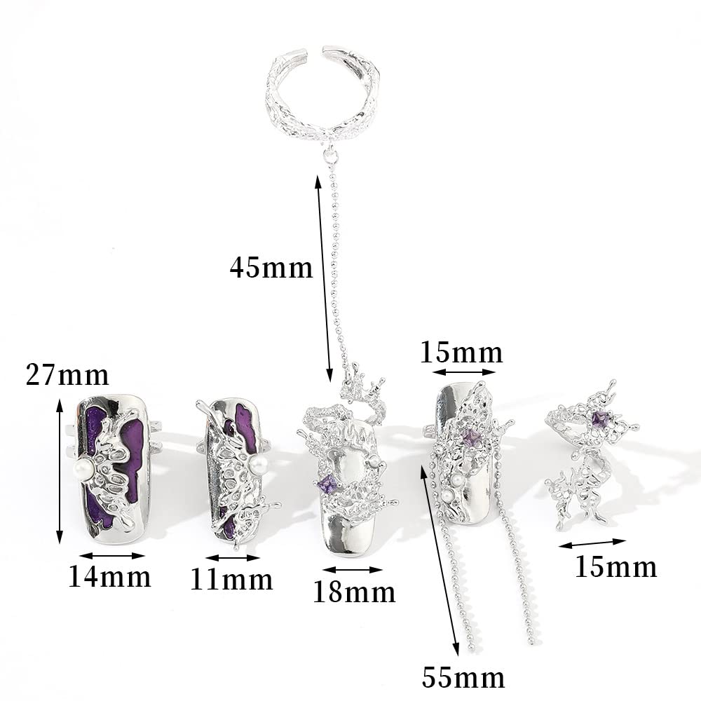 ZCLYHT 5Pcs Women Finger Tip Nail Rings, Purple, Metal, Edge, Half Well Tips, Art Deco, Set of 5