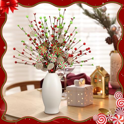 Janinka 8 Pcs Christmas Picks Red and Lime Green Candy Cane Decor Xmas Tree Picks Red Green Christmas Decorations Candy Xmas Tree Topper Lollipop Elf for Vase Fillers DIY Crafts Displays Home New Year