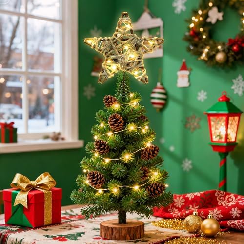 Christmas Tree Topper Rustic Christmas Tree Topper Star 6 Inch, Battery Operated Lighted Jute Rattan Star Warm White Light Christmas Tree Decoration for Small Tabletop Christmas Trees