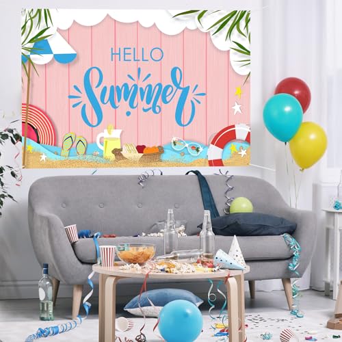 Maicaiffe Hello Summer Backdrop Banner Decor - 6x4 ft Hawaiian Pool Beach Party Photography Background Poster Sign - Summer Tropical Birthday Wedding Retirement Party Photography Prop Booth Decor