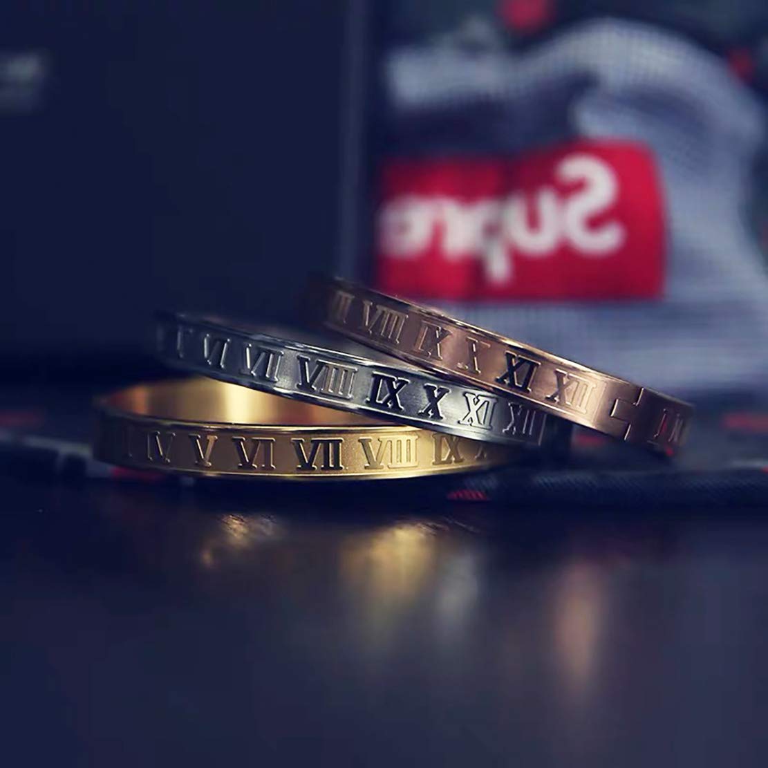 Jarlinwel Gold Silver Plated Bracelets for Men Women Roman Numeral Bangle Bracelet Stainless Steel Personalized Engraved Unisex Gift (Silver 8mm Mens)