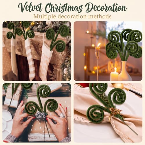 Daifunli 12 Pcs Curly Christmas Tree Picks Velvet Curl Decoration Spiral Curly Tree Topper Ornaments DIY Crafts for Wreath Fireplaces Vase Filler Holiday Ornament, 12 Inch(Brown, Green, Milky White)