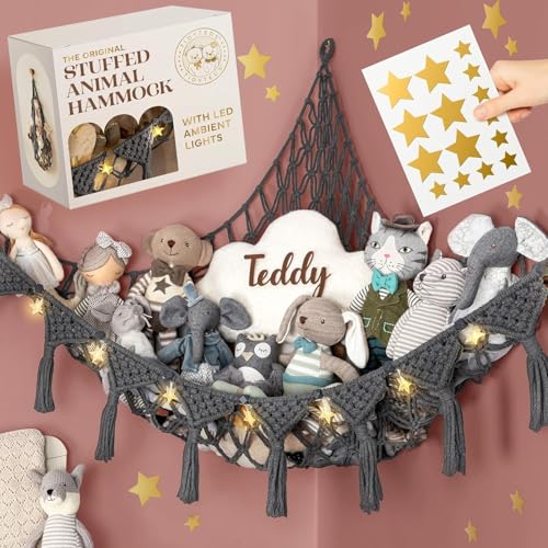 TIDYTEDS Macrame DreamLights Boho Stuffed Animal Storage Net or hammock Extra Large for Small or large Plushies. Plush Gray Toy Storage Holder