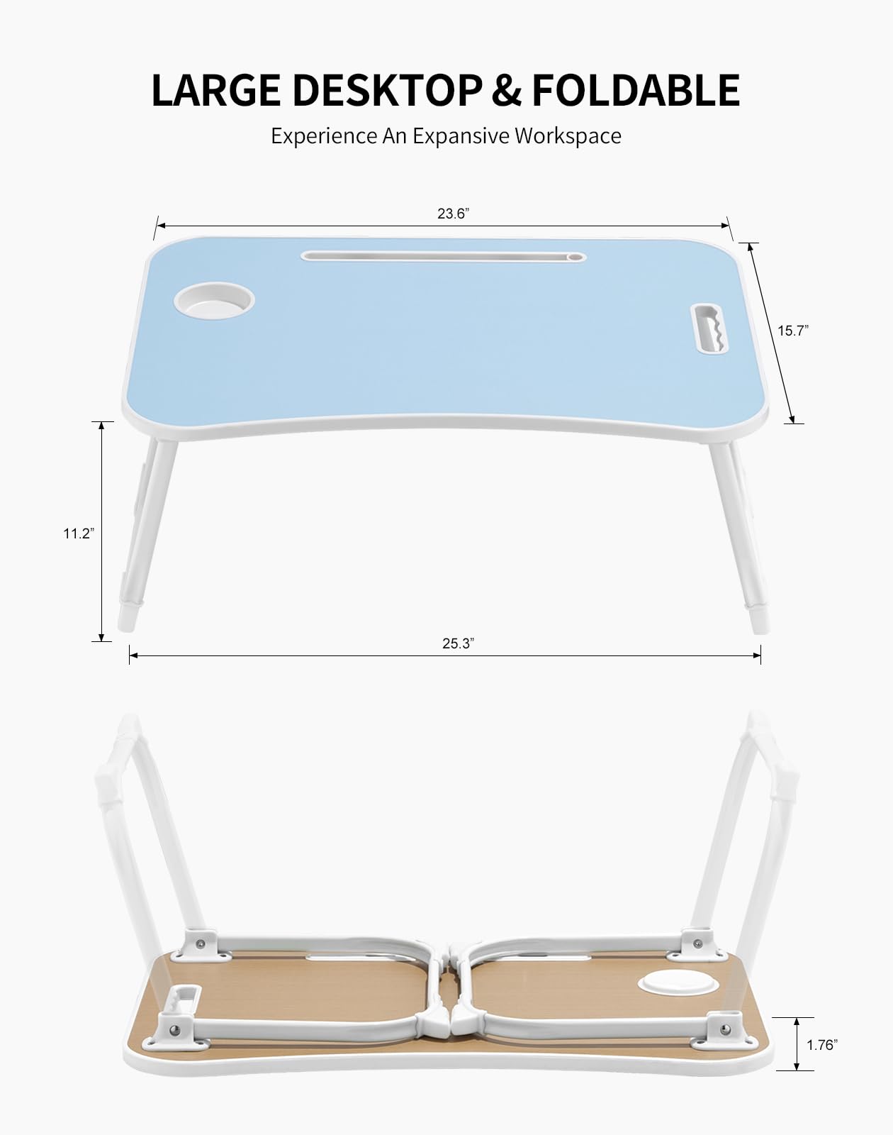 ZEAPTAC Laptop Bed Desk, Foldable Lap Desk, Portable Lap Table, Laptop Stand with Cup Holder & Tablet Slot & Lifting Handle for Working Writing Drawing & Eating - Blue