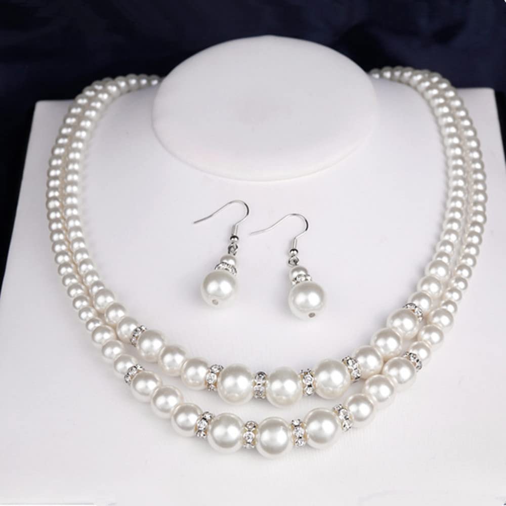 tenghong2021 Fashion Classic Faux Pearl Jewelry Set Necklace Bracelet Earrings for Women Best Gift (White Double Layered)