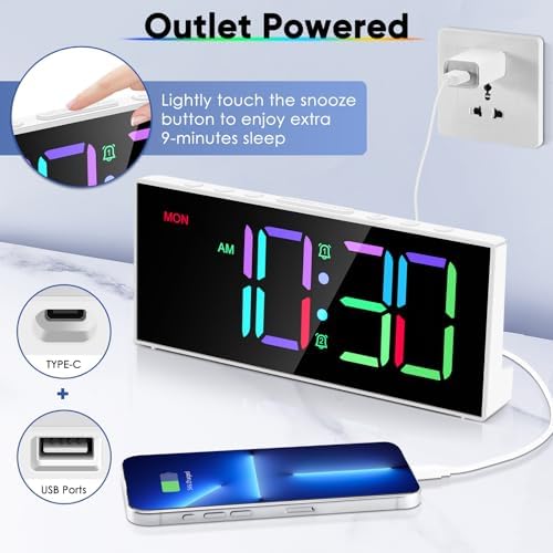 Alarm Clock with Large Display Big Numbers,5 Levels Brightness???Snooze,USB Charging Port,LED and Mirror Desk Clock,Dual Alarms Modern Electronic Clock for Bedroom Home Living Room Office. (White)