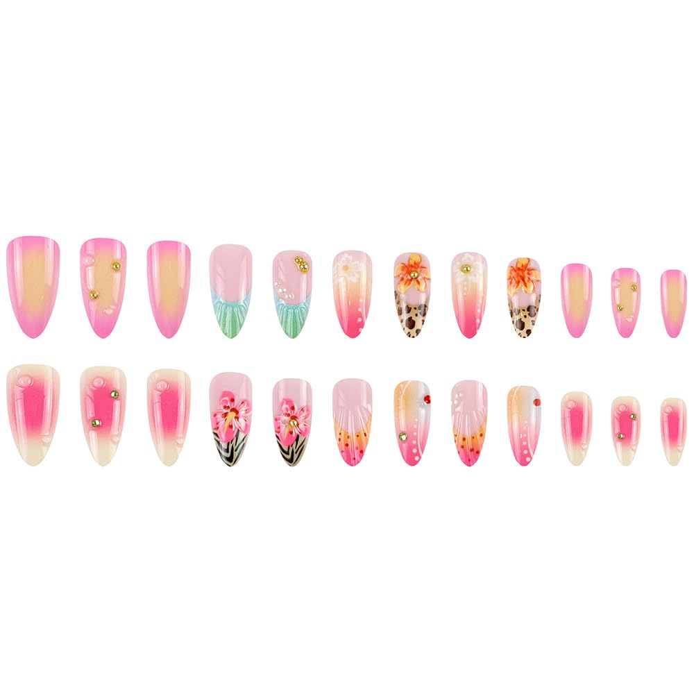 Mkwntg 24Pcs Flower Press on Nails Medium Almond Fake Nails with 3D Gold Beads Pearl Shell Rhinestones Design Blue Leopard Brown French Tip False Nails Pink Ombre Full Cover Stick on Nails for Women