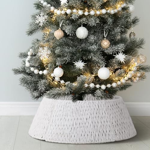 Preboun 28" Boho Christmas Tree Collar White Woven Farmhouse Skirt