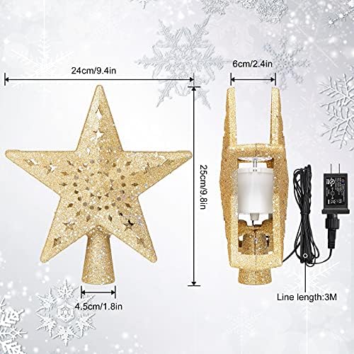 BLOOMWIN Christmas Tree Topper Lighted with Snowflake Projector, LED Rotating Hollow Snowflake, 3D Glitter Lighted Gold Star Tree Topper for Xmas Tree Festival Decorations Lights