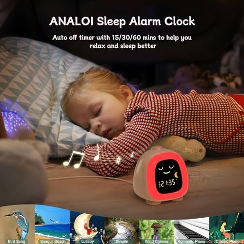 ANALOI Alarm Clock for Kids, Kids Alarm Clock Ok to Wake Cute Night Light for Bedroom, Toddlers Sleep Training Clock Stay in Bed, Dinosaur Birthday Gift for Kids Boys Girls