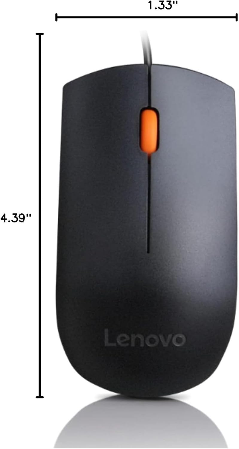 Lenovo 300 USB Wired Computer Mouse - Full Size Optical Ambidextrous Mouse with 1600 DPI, Reliable USB-A Wired Connection, Easy 3-Button Navigation – Long Lasting, Durable Basic Mouse, Black