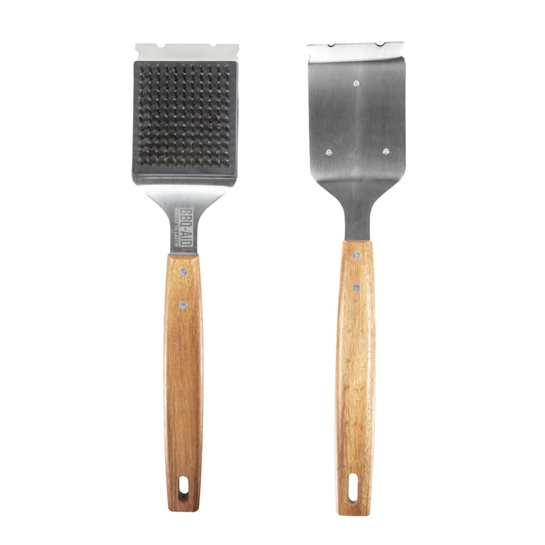 BBQ-Aid Grill Brush and Scraper for Barbecue – Grill Brush for Outdoor Grill with Extended, Large Wooden Handle and Replaceable Stainless Steel Bristles Head –No Scratch- BBQ Grill Brush for Any Grill