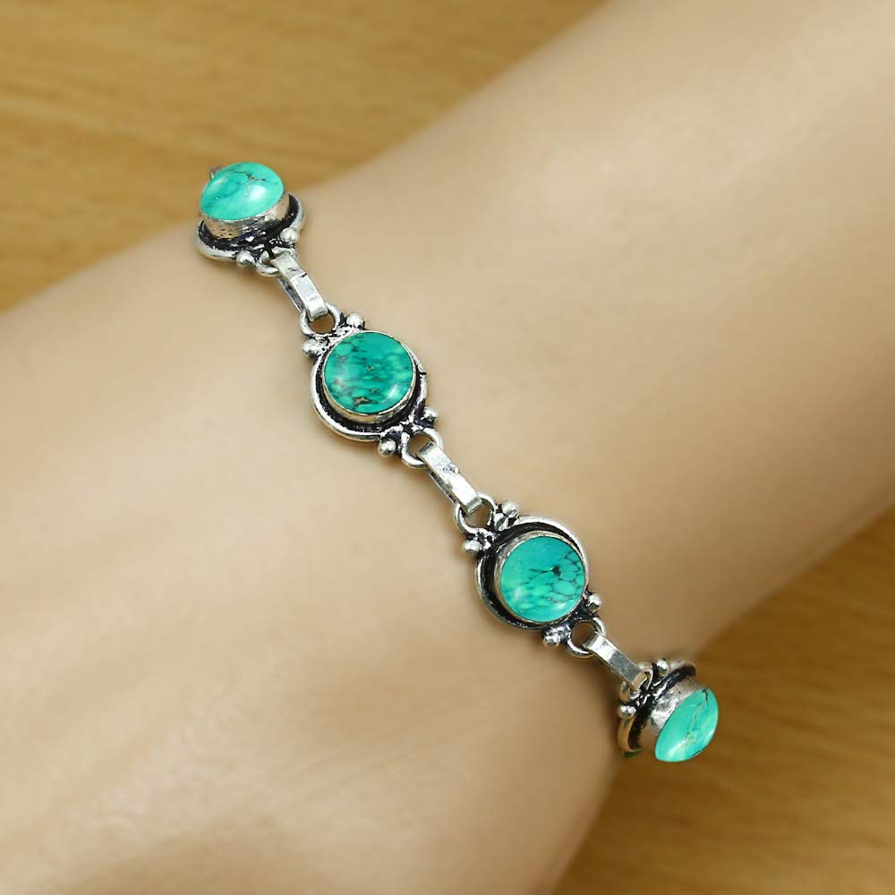 Natural Turquoise 925 Silver Plated Round Gemstone Adjustable Bracelet for Women - December Birthstone Bohemian Vintage Style Handmade Jewelry Bracelet - Gift for Her