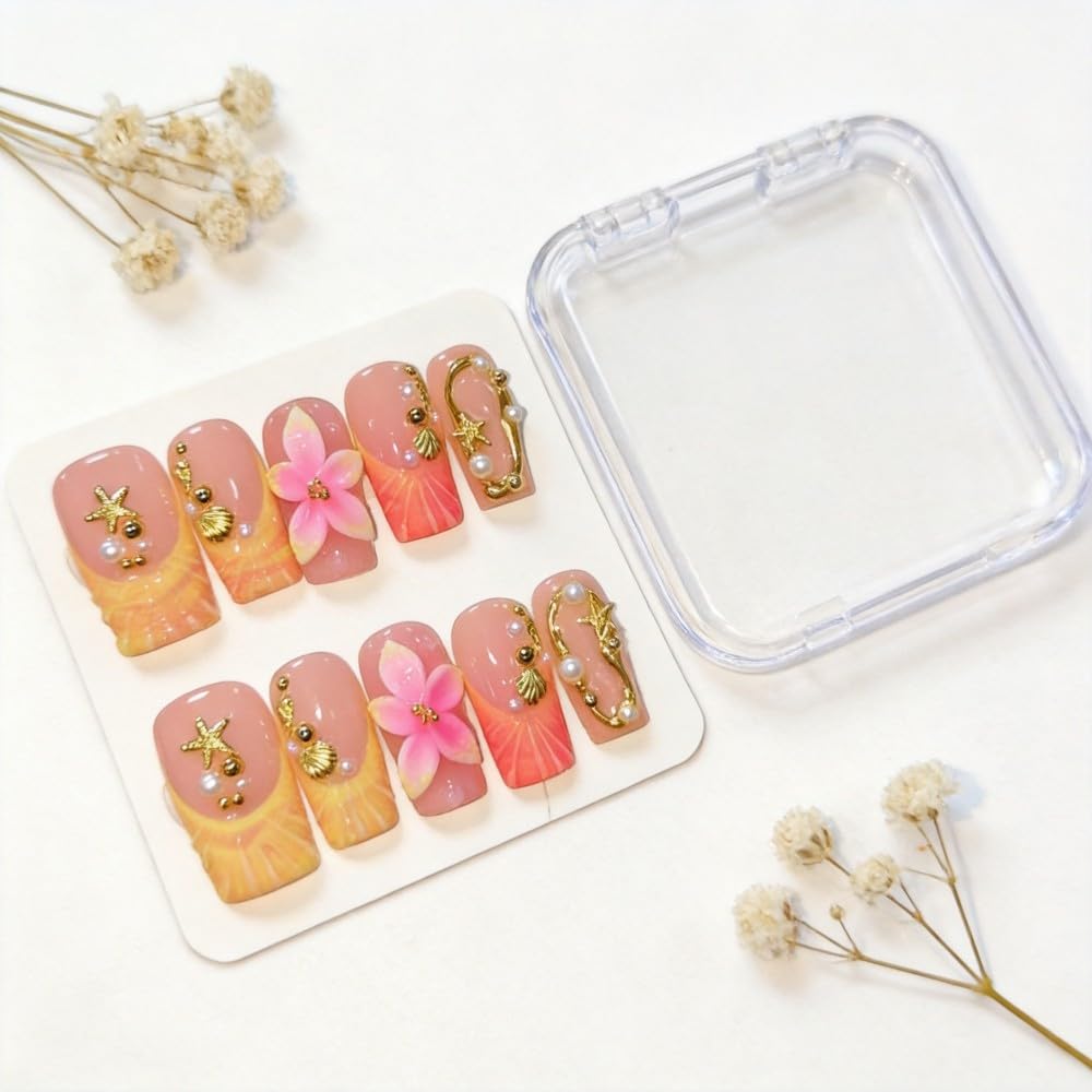 Vokupoga Square Handmade Press on Nails Medium Fake Nails with 3D Flower Pearl Designs French Tip Summer Beach Glossy Acrylic Nails for Women 10Pcs(Size M)
