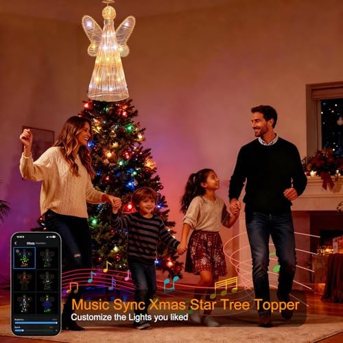 12" Smart Christmas Tree Star, Angel Tree Topper Star, 80 Lighting Modes, Multicolor Flash/Solid, App & Remote Control, Music Sync, DIY Colors, USB Powered for Xmas Holiday Decor