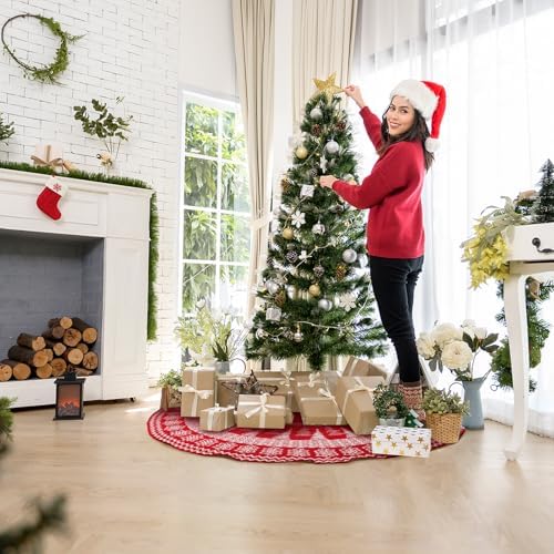 Knitted Christmas Tree Skirt,48 Inch Snowflakes Knit Christmas Tree Skirt Red Burgundy Tree Skirt Cable Knit Xmas Tree Skirt for Holiday Decoration