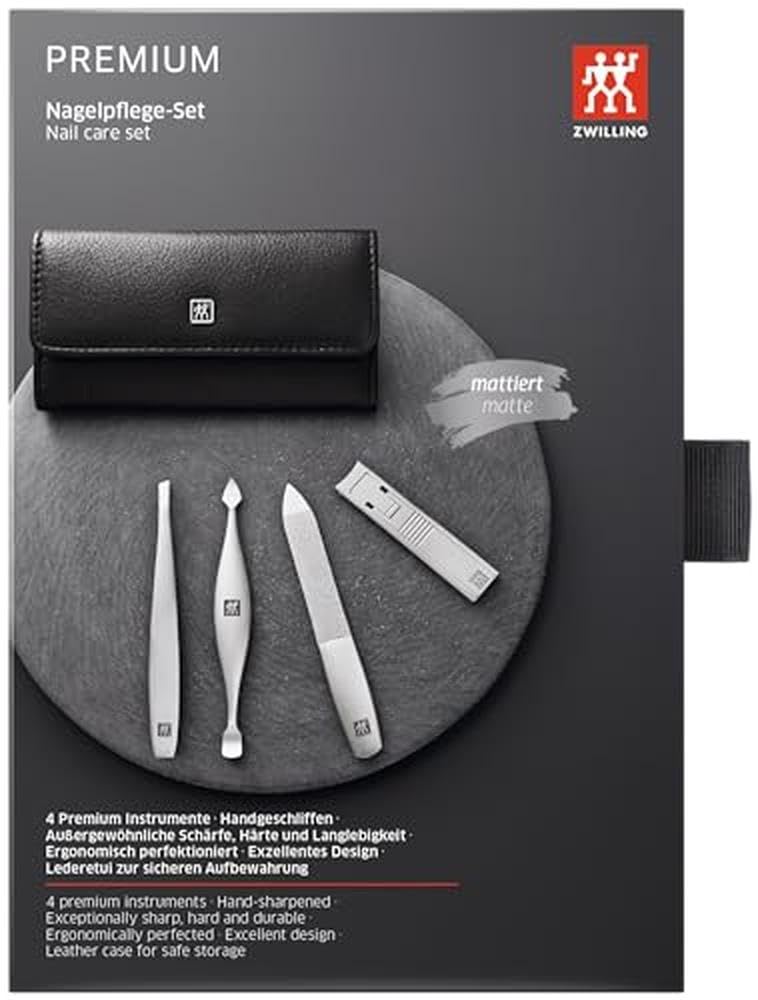ZWILLING Beauty TWINOX 5-Piece Travel Nail Kit, Manicure and Pedicure Kit, Cowhide Leather Nail Care Set, Durable Stainless-Steel Instruments, Premium Leather, Black