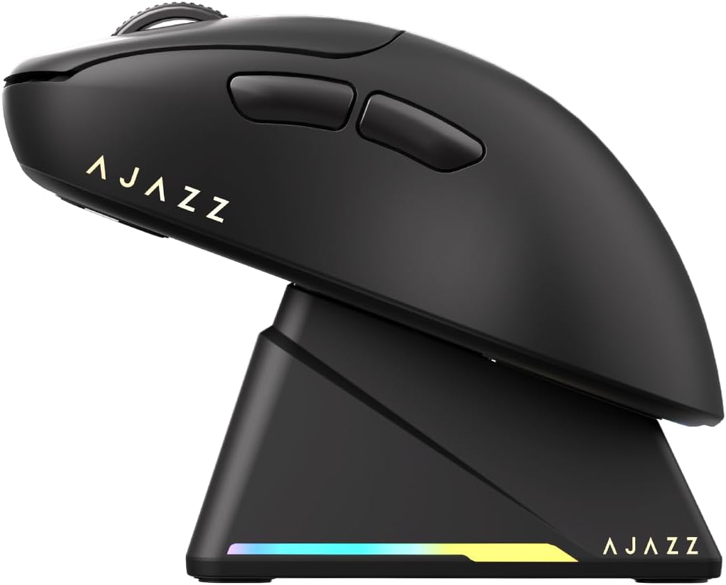 AJ179PRO PAW3395 26000 DPI Gaming Mouse, 8000Hz Polling Rate, 58g Ultra-Light, Tri-Mode (2.4G/Wired/Bluetooth 5.2), Magnetic RGB Charging Dock, Ergonomic Right-Hand Design, Black