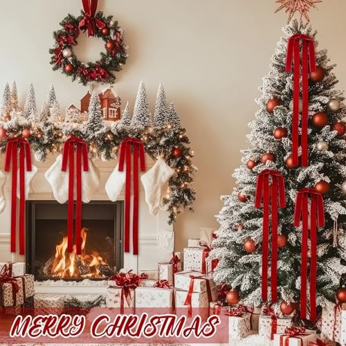Janinka 12 Pcs Long Red Christmas Velvet Bow Ornament Vintage Tree Decor