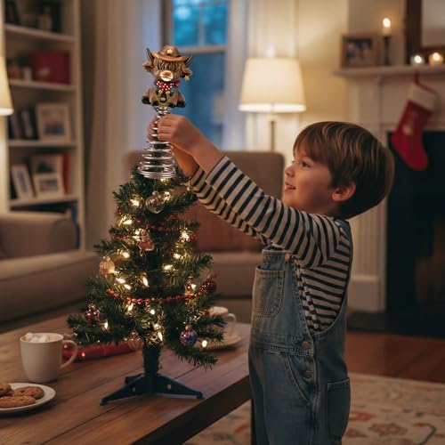 Gejoy Western Cowboy Highland Cow Tree Topper 5.1 Inch Mini Christmas Tree Topper Miniature Resin Cattle Desk Decoration with Metal Spring Base for Rustic Farmhouse Home Decor, Cow Lover Gifts
