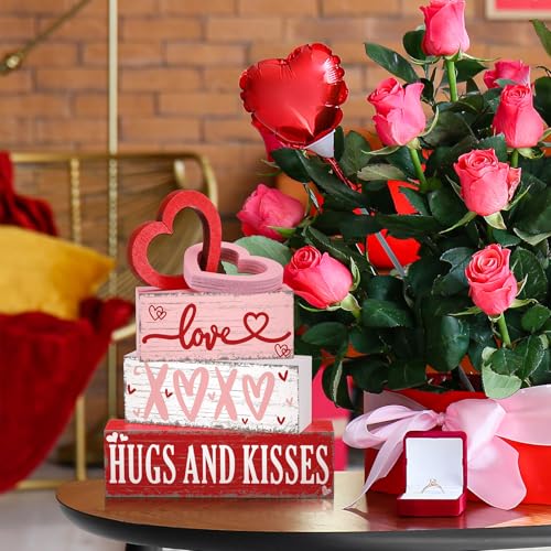GlikCeil 4 Pcs Valentine's Day Table Sign Tiered Tray Decor Valentine's Day Love Heart Table Wood Block Decorations Centerpieces Farmhouse Rustic Hug and Kisses Decor for Home Office Desk Shelf Supply - style: Love