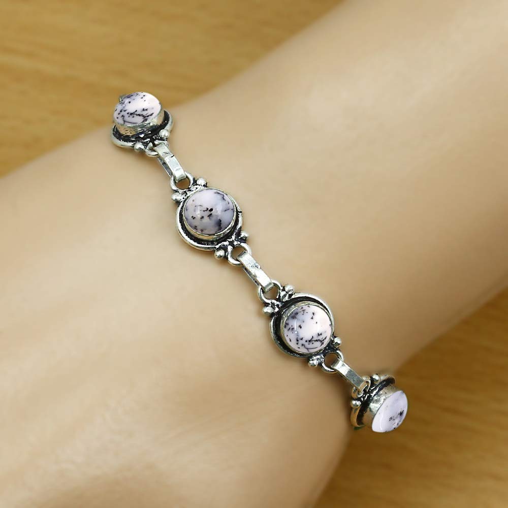 Natural Dendrite Opal 925 Silver Plated White Gemstone Bracelet for Women - October Birthstone Vintage Style Handmade Adjustable Bracelet - Mother's Day Gifts for Her