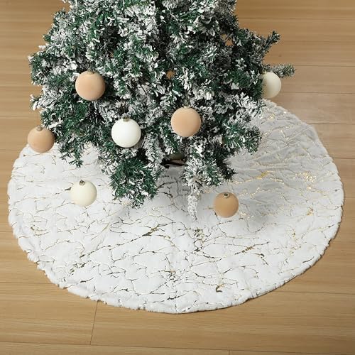 Arrowbash 48 Inch Christmas Tree Skirt Decor, Gold Marble Pattern, White