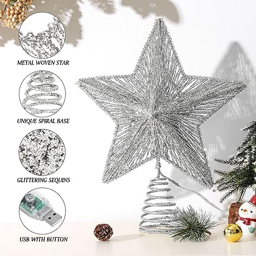 Lewondr Lighted Christmas Star Tree Topper with Remote & Timer, Silver