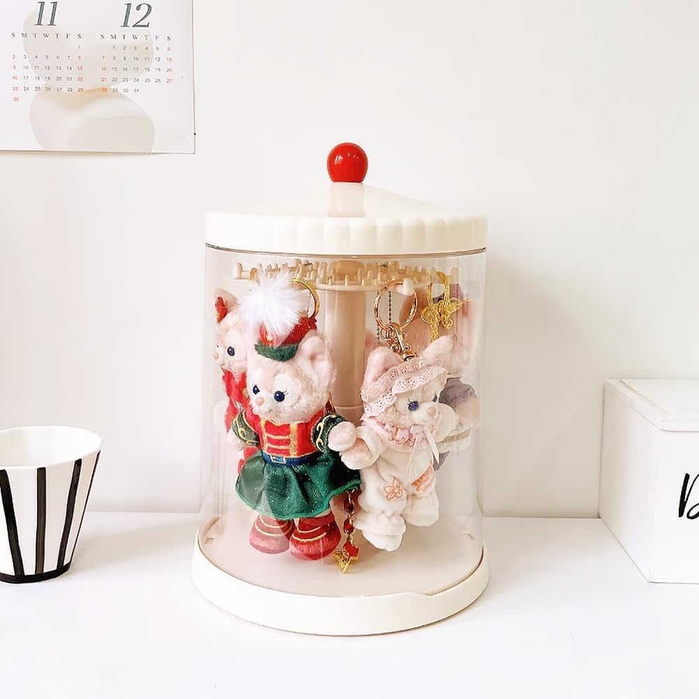 iobiotio Rotating Display Case Compatible with Labubu, Stackable Clear Blind Box Storage Organizer for 6.7" Doll, Dustproof Figure Showcase for Plush Keychain, Hanging Doll Holder for Desktop Decor