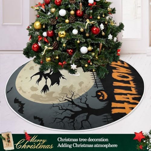 Dussdil Castle Witch Halloween Tree Skirt Moon Bats Christmas Xmas Tree Skirts 36 Inches Holiday Party Tree Stand Mat Tree Skirt Floor Door Pad for Indoor Outdoor Home Office Ornaments