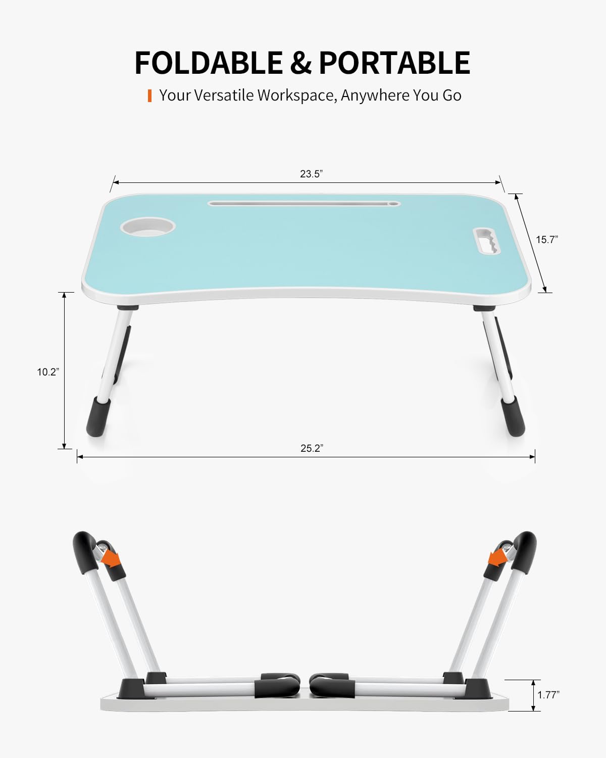 FISYOD Foldable Laptop Table, Portable Lap Desk Bed Table Tray, Laptop Stand with Cup Holder & Tablet Slot & Lifting Handle for Working Writing Drawing & Eating (Blue)