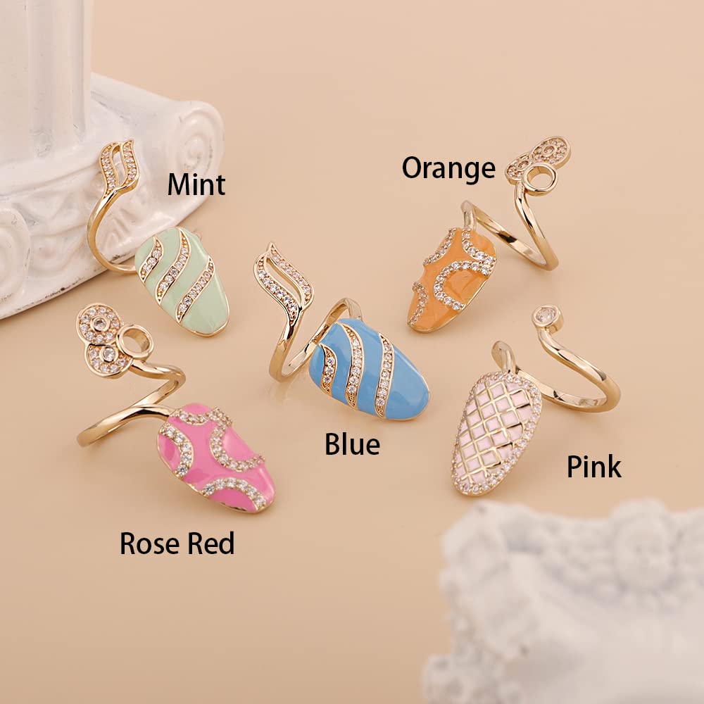 Rumtock Statement Gold Fingernail Ring with CZ Rhinestones Blue Knuckle Nail Ring Maincure Finger Tip Jewelry for Women