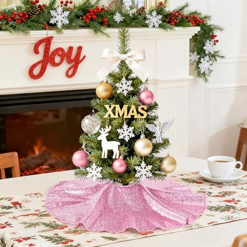 Mini Christmas Tree Skirt 24 Inch Pink Tree Skirt Small Sequin Mat Fabrics